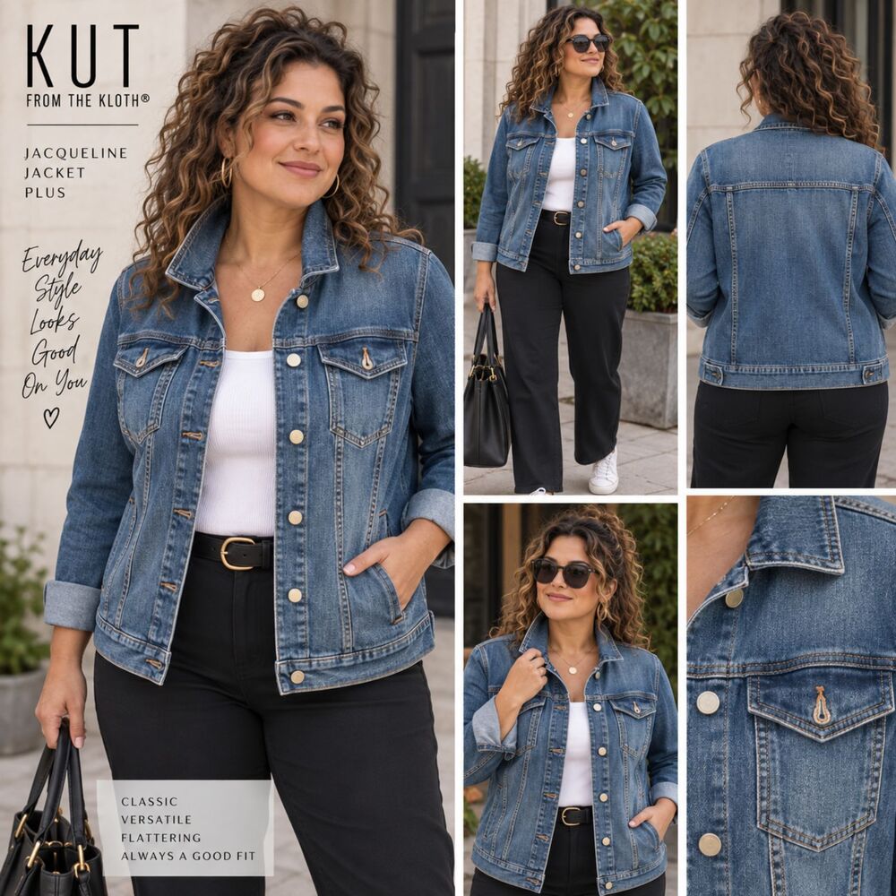 KUT from the Kloth Jacqueline Denim Jacket 1X NWT Plus Blue Stretch Trucker